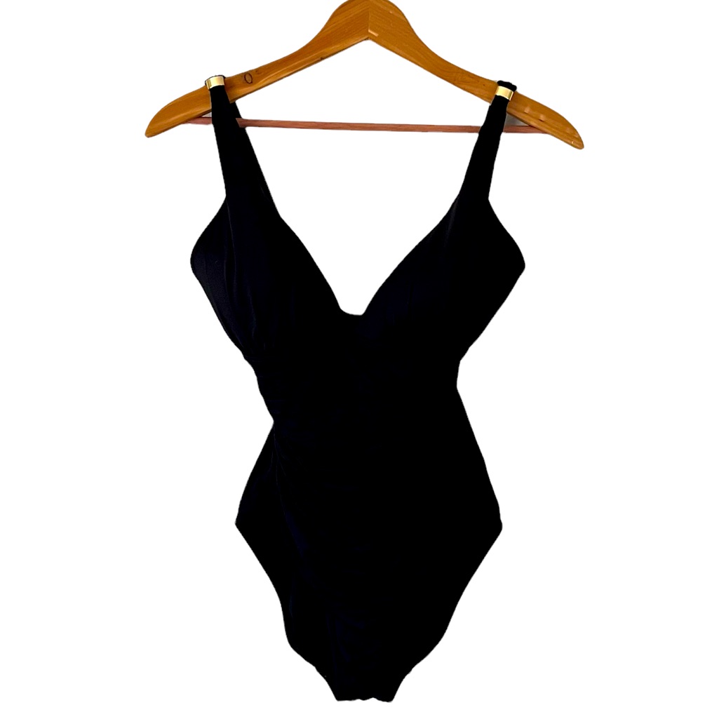 Lauren Ralph Lauren Black V-Neck One Piece Swimsuit With Gold Accents Size 8